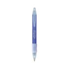 Blue ballpoint pen with a transparent tip and grip, and a click mechanism.