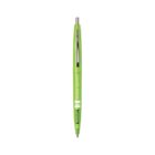 Green ballpoint pen with a silver clip and text on the side.