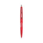 Red ballpoint pen with National Bank logo on the barrel, isolated on a white background.