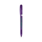 A purple ballpoint pen with a removable cap and green branding.