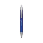 Blue and silver ballpoint pen with a logo on the barrel.