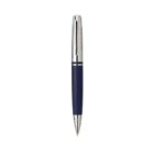Blue and silver pen with a sleek design on a white background.