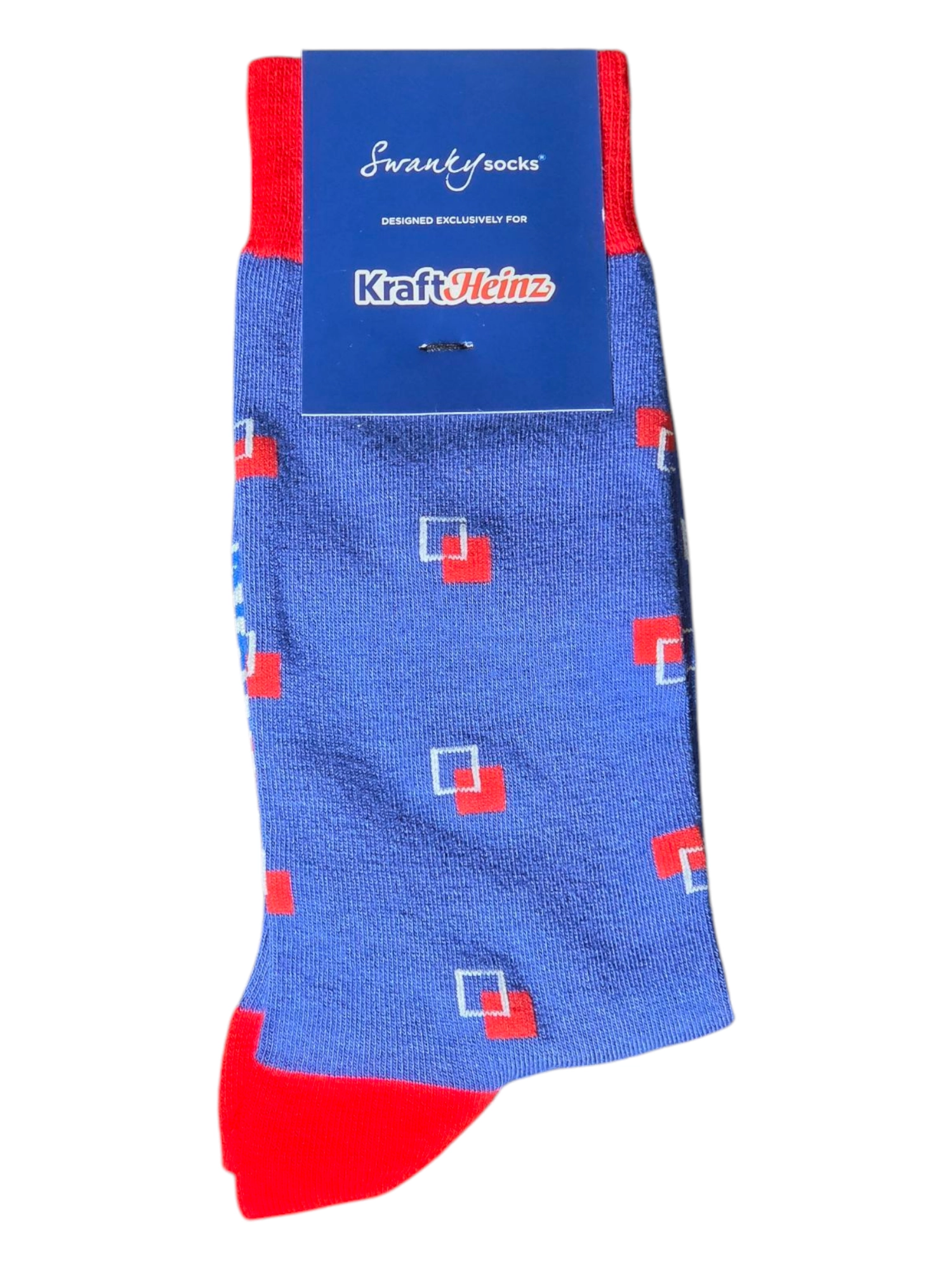Blue socks adorned with a red, white geometric pattern, featuring Kraft Heinz and Swanky Socks labels.