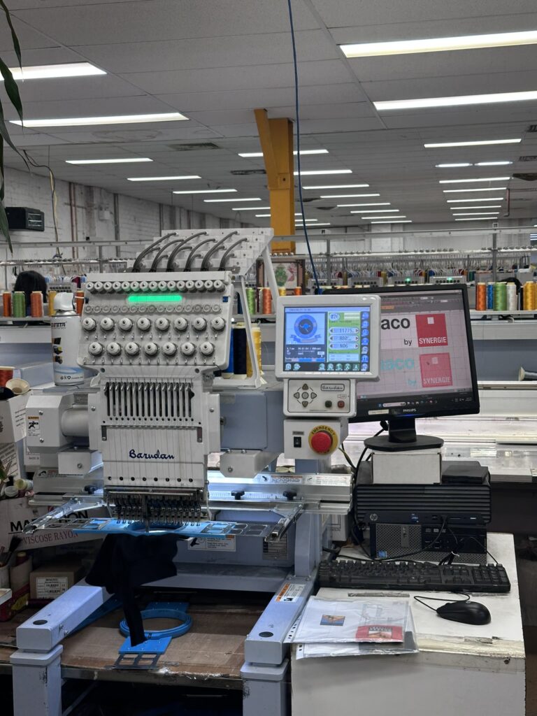 Behind the scenes in Australia: an embroidery machine ready to embroider logos amidst threads.