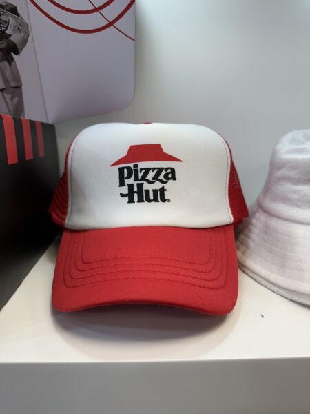Red and white Pizza Hut trucker hat—perfect merch inspiration from top brands.