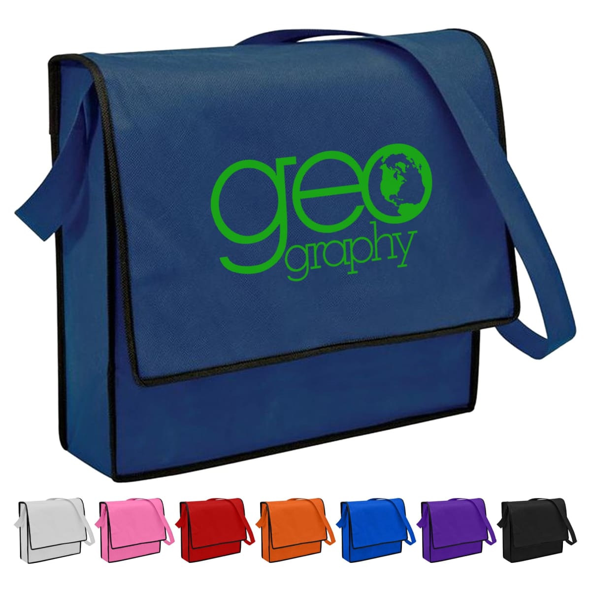 Blue tote bag with geography logo, surrounded by various colored bags at the bottom.