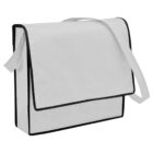 White messenger bag with black trim and a shoulder strap.