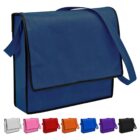 Blue messenger bag with a strap, available in various colors below.