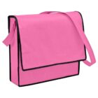 Pink messenger bag with black trim and a shoulder strap.
