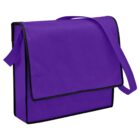 Purple shoulder bag with a flap and long strap, outlined in black.
