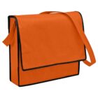 Orange messenger bag with black trim and a long strap.