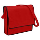 Red messenger bag with black trim and a long shoulder strap.