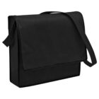 Black messenger bag with a long strap and a front flap.