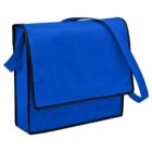 A blue messenger bag with a flap and black edging.