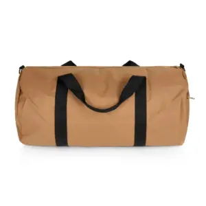 Tan duffel bag for travel essentials with black handles on a white background.