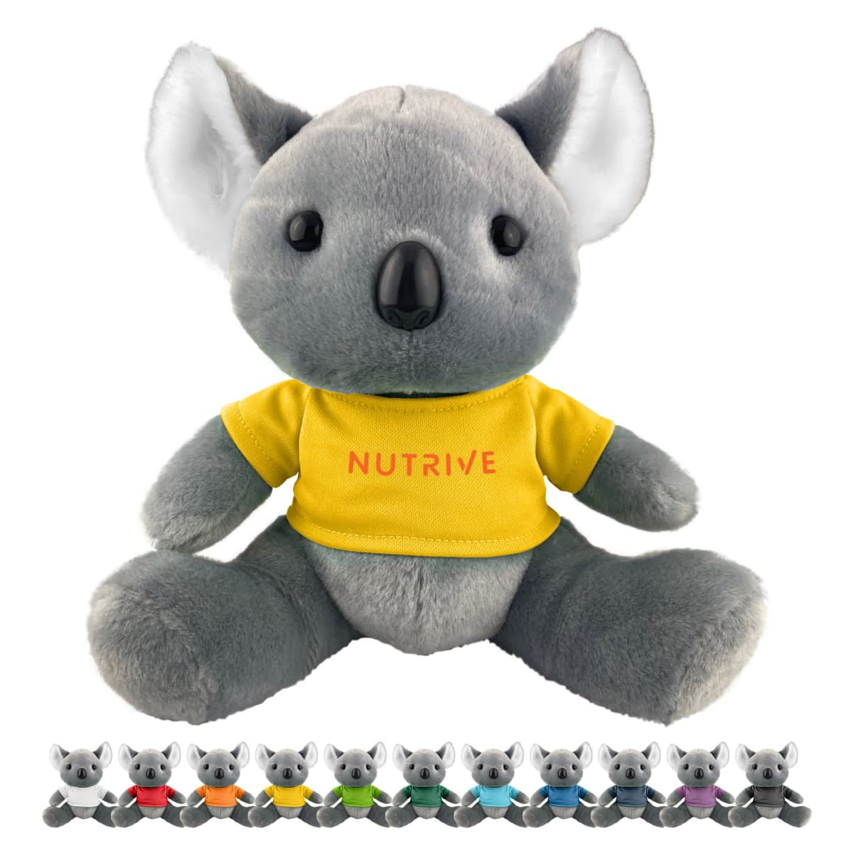 Gray koala plush in a yellow shirt, with smaller koala plushies in various shirt colors below.