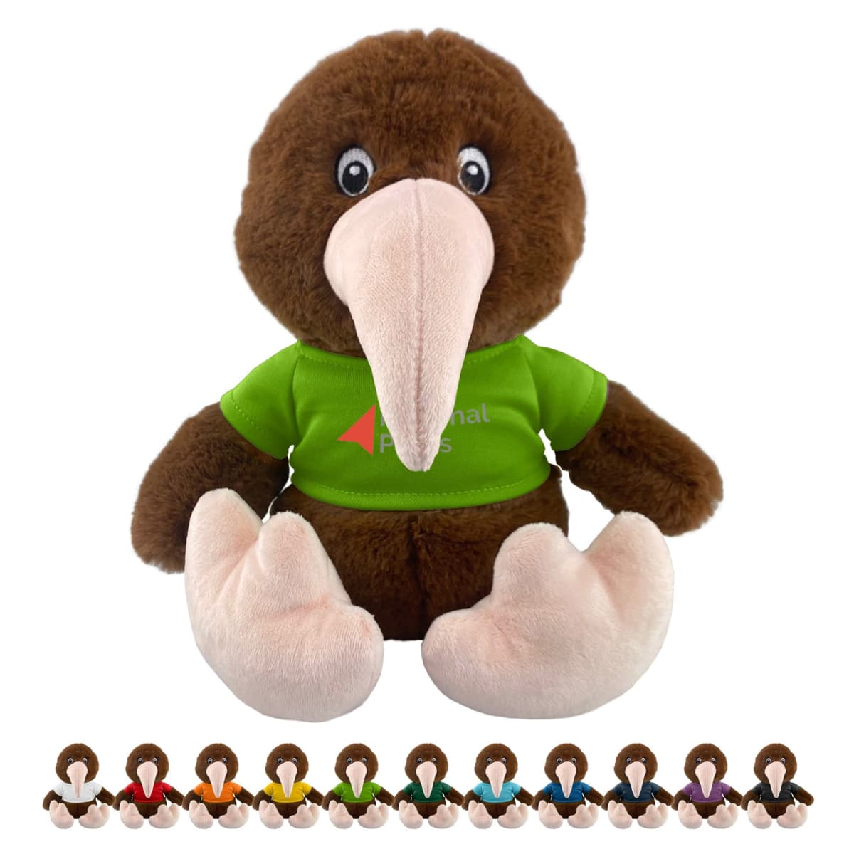 Plush kiwi bird toy wearing a green shirt, with smaller versions in rainbow shirts below.