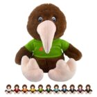 Plush kiwi bird toy in green shirt, with smaller versions in various shirt colors below.