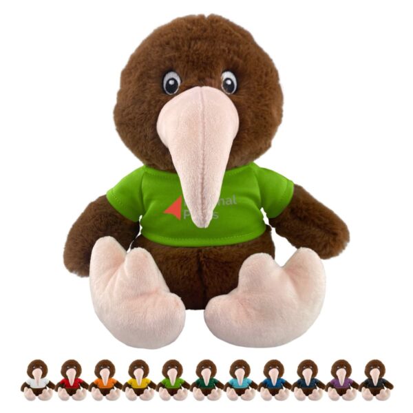 Plush kiwi bird toy in green shirt, with smaller versions in various shirt colors below.