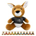 Plush kangaroo toy in a black shirt, with mini kangaroos in various shirt colors below.