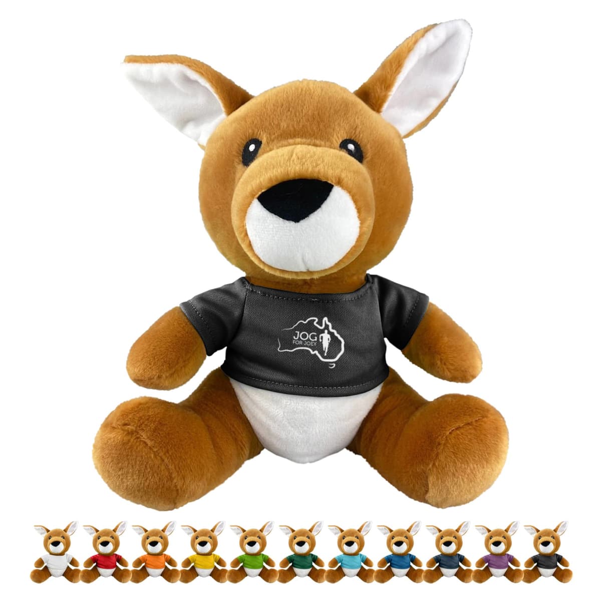 Plush kangaroo toy in a black shirt, with mini kangaroos in various shirt colors below.