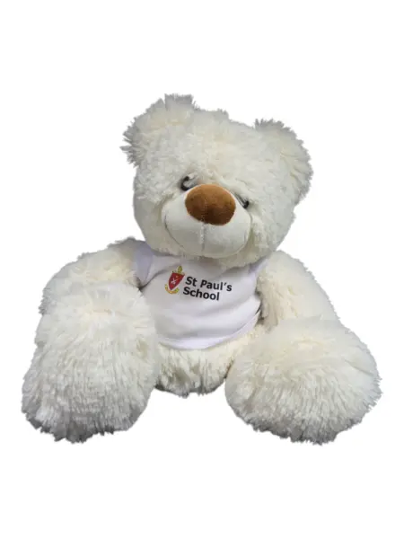 White teddy bear in St Pauls School shirt