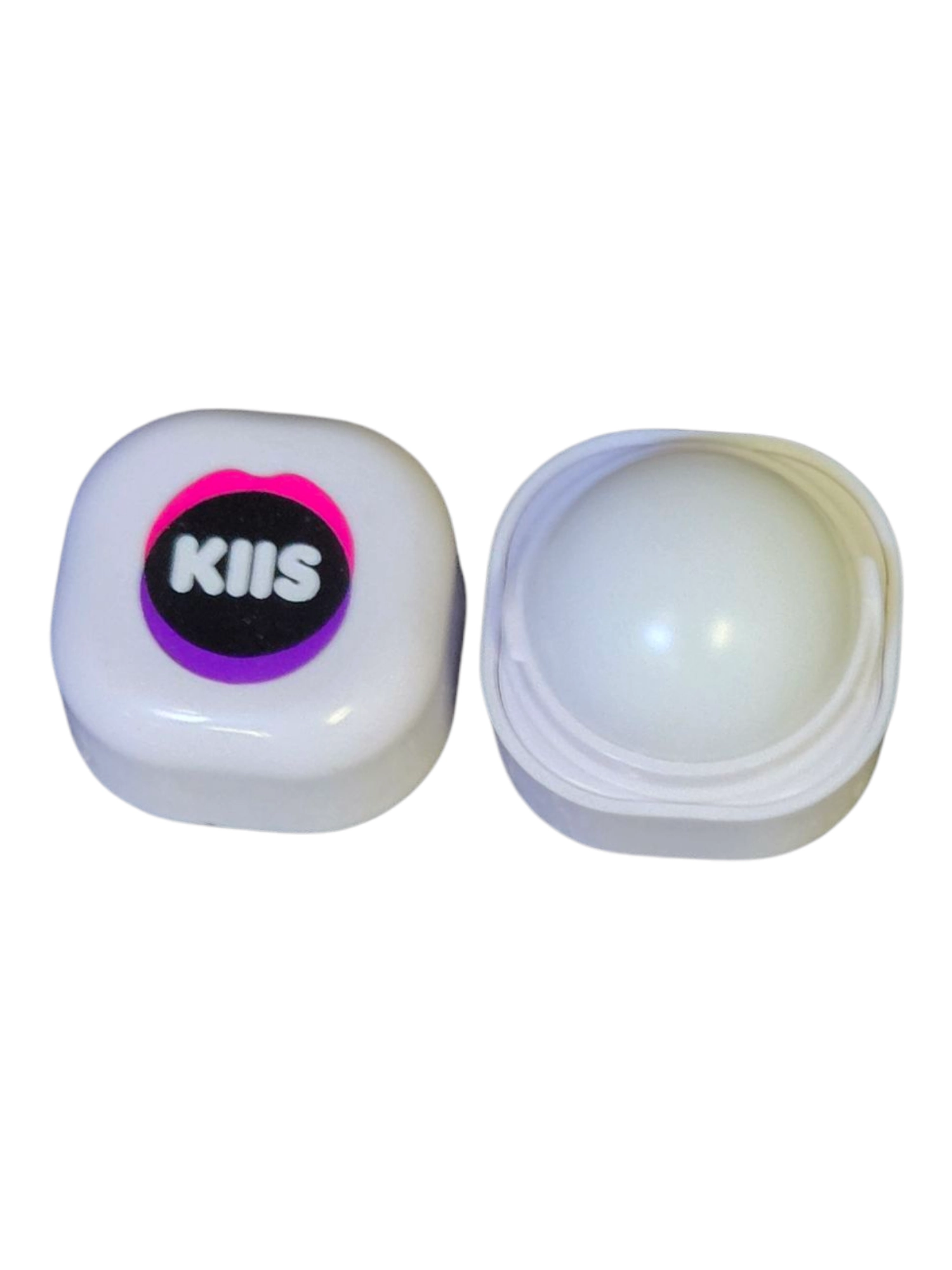 Two white lip balm containers, one open, feature KIIS label and added sun protection.