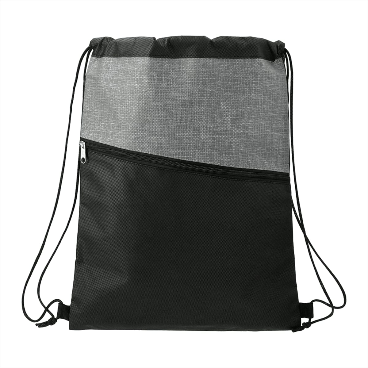 Black and gray drawstring backpack with a front zip pocket.