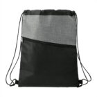 Black and gray drawstring backpack with a front zipper pocket.