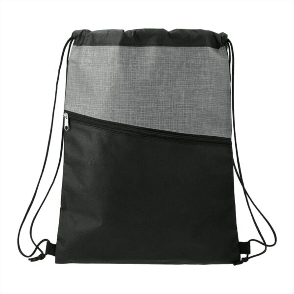 Black and gray drawstring backpack with a front zipper pocket.