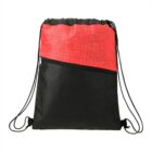 Red and black drawstring backpack with a front zipper pocket.
