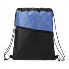 Black and blue drawstring backpack with a front zipper pocket.