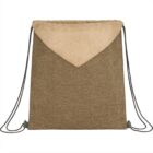 Beige and brown drawstring backpack with a triangular flap design.
