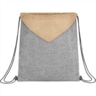 Gray drawstring backpack with a tan flap on top.