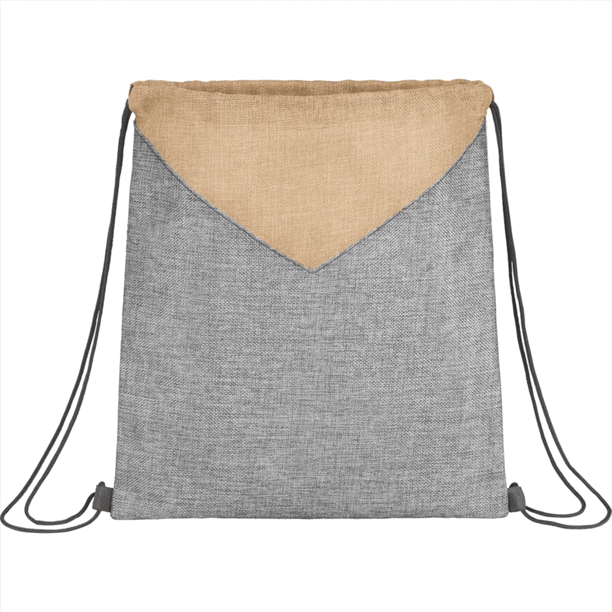 Gray drawstring backpack with a tan flap on top.