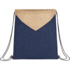 Two-tone drawstring backpack, navy blue with beige top.