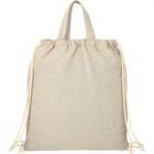 Beige drawstring backpack with two handles and a simple design.