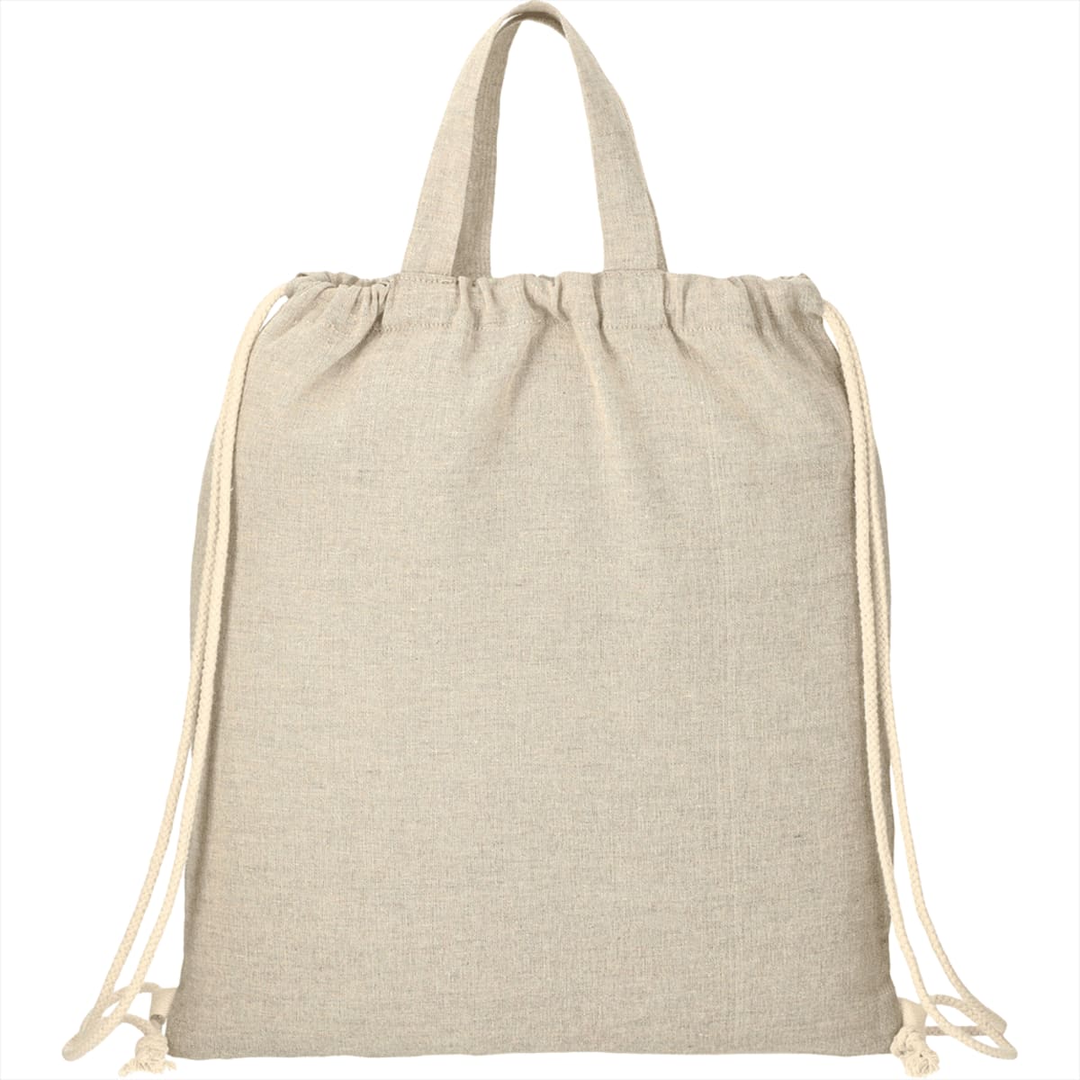 Beige drawstring backpack with two handles and a simple design.