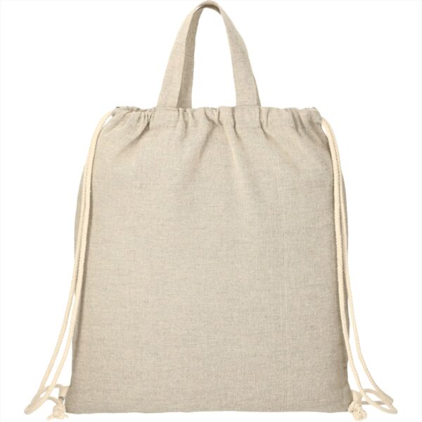 Beige drawstring backpack with handles, on a plain white background.