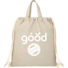 Beige drawstring bag with good food printed in white.