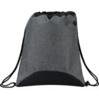 Gray drawstring backpack with black bottom and adjustable black cords.