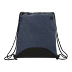 Blue drawstring backpack with black accents and black cords.