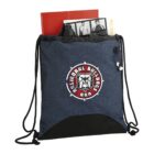 Dark blue drawstring bag with Central Bulldogs logo, holding books and sunglasses.