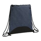 Dark blue drawstring backpack with black trim and black cords.