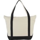Cream tote bag with black handles and base, front pocket visible.