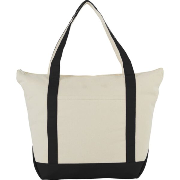 Cream tote bag with black handles and base, front pocket visible.