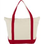 Canvas tote bag with red handles and trim.