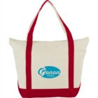 White tote bag with red straps and Ganon Foods logo in blue.