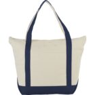 Beige tote bag with navy blue handles and trim.