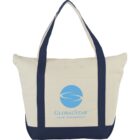 Beige tote bag with navy handles and a blue GlobalStar travel management logo.